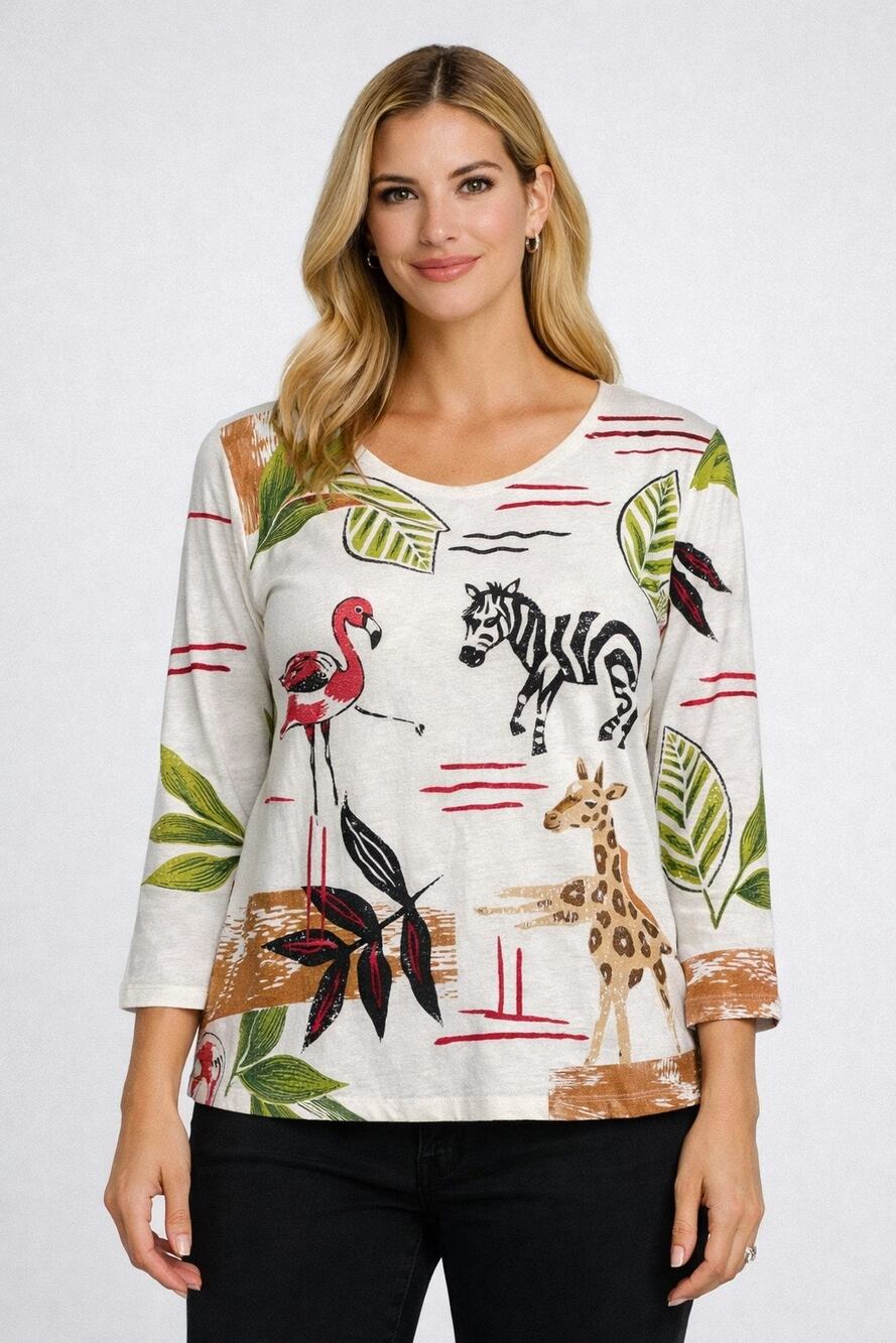 🆕Jess & Jane Animal Print Art Top Med Flamingo Zebra Giraffe Nature Scene top